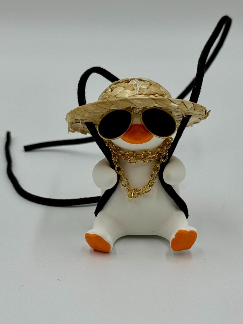 Ceramic Duck With Straw Hat, Sunglasses, Gold Necklace & Orange Backpack